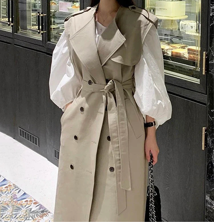 [EWQ] Damenanzug 2024 Frühling Neue schicke lose Mäntel Revers Schnürung ärmellose Jacke + einfaches O-Ausschnitt Laternenärmel Hemdkleid