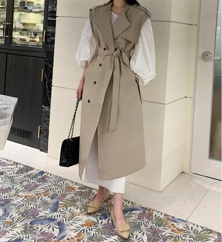 [EWQ] Damenanzug 2024 Frühling Neue schicke lose Mäntel Revers Schnürung ärmellose Jacke + einfaches O-Ausschnitt Laternenärmel Hemdkleid