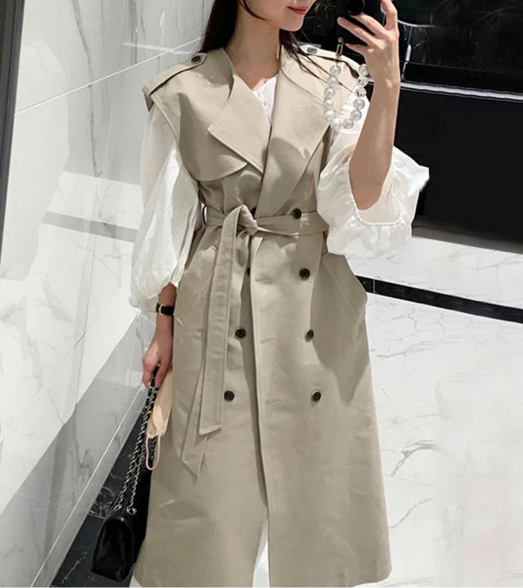 [EWQ] Damenanzug 2024 Frühling Neue schicke lose Mäntel Revers Schnürung ärmellose Jacke + einfaches O-Ausschnitt Laternenärmel Hemdkleid