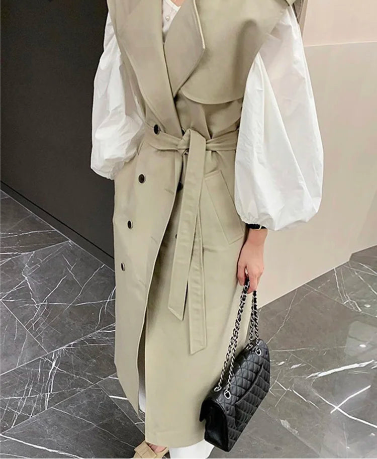 [EWQ] Damenanzug 2024 Frühling Neue schicke lose Mäntel Revers Schnürung ärmellose Jacke + einfaches O-Ausschnitt Laternenärmel Hemdkleid