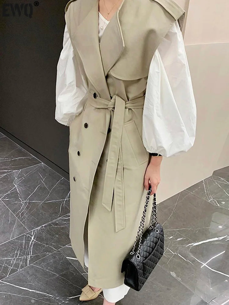 [EWQ] Damenanzug 2024 Frühling Neue schicke lose Mäntel Revers Schnürung ärmellose Jacke + einfaches O-Ausschnitt Laternenärmel Hemdkleid